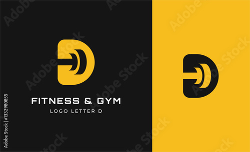 Logo Fitness letter D with Gym equipment concept. Dumbble, bumble, kettlebell concept. Fitness, health, body builder logo design template.