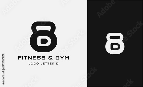 Logo Fitness letter D with Gym equipment concept. Dumbble, bumble, kettlebell concept. Fitness, health, body builder logo design template.