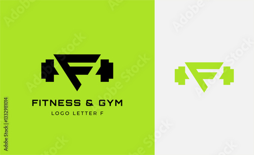 Logo Fitness letter F with Gym equipment concept. Dumbble, bumble, kettlebell concept. Fitness, health, body builder logo design template.