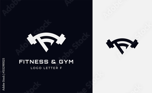 Logo Fitness letter F with Gym equipment concept. Dumbble, bumble, kettlebell concept. Fitness, health, body builder logo design template.