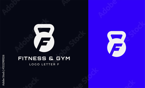 Logo Fitness letter F with Gym equipment concept. Dumbble, bumble, kettlebell concept. Fitness, health, body builder logo design template.