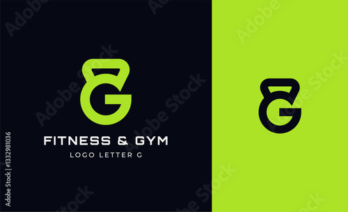 Logo Fitness letter G with Gym equipment concept. Dumbble, bumble, kettlebell concept. Fitness, health, body builder logo design template.