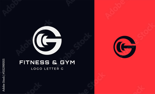 Logo Fitness letter G with Gym equipment concept. Dumbble, bumble, kettlebell concept. Fitness, health, body builder logo design template.