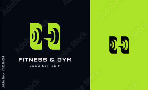 Logo Fitness letter H with Gym equipment concept. Dumbble, bumble, kettlebell concept. Fitness, health, body builder logo design template.