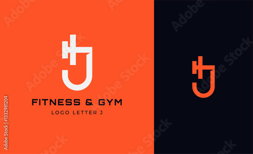 Logo Fitness letter J with Gym equipment concept. Dumbble, bumble, kettlebell concept. Fitness, health, body builder logo design template.