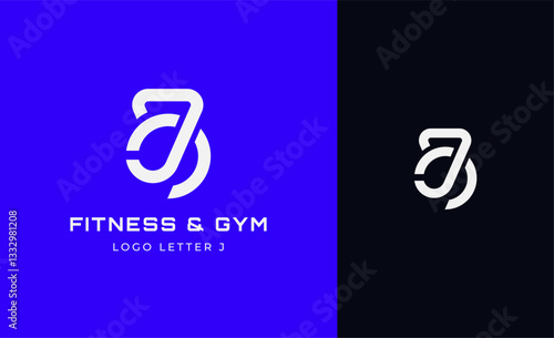 Logo Fitness letter J with Gym equipment concept. Dumbble, bumble, kettlebell concept. Fitness, health, body builder logo design template.