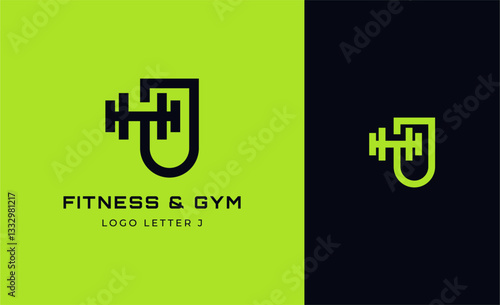 Logo Fitness letter J with Gym equipment concept. Dumbble, bumble, kettlebell concept. Fitness, health, body builder logo design template.