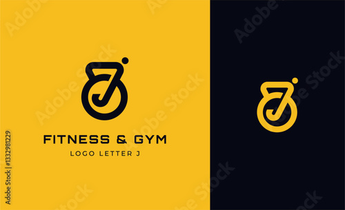 Logo Fitness letter J with Gym equipment concept. Dumbble, bumble, kettlebell concept. Fitness, health, body builder logo design template.