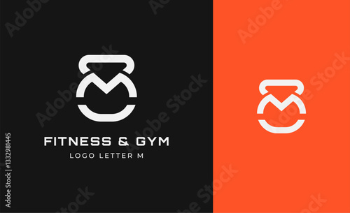 Logo Fitness letter M with Gym equipment concept. Dumbble, bumble, kettlebell concept. Fitness, health, body builder logo design template.