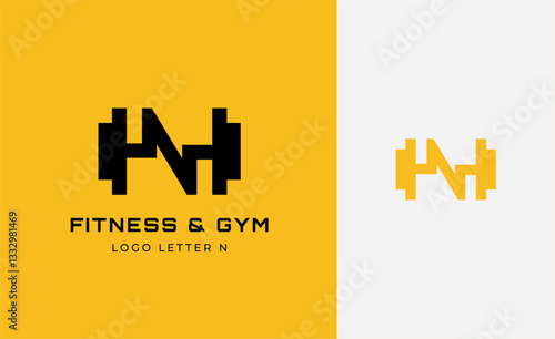 Logo Fitness letter N with Gym equipment concept. Dumbble, bumble, kettlebell concept. Fitness, health, body builder logo design template.