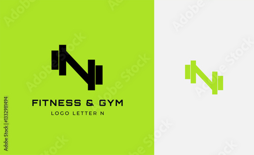 Logo Fitness letter N with Gym equipment concept. Dumbble, bumble, kettlebell concept. Fitness, health, body builder logo design template.