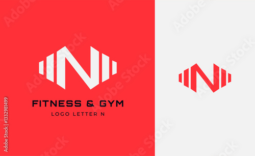 Logo Fitness letter N with Gym equipment concept. Dumbble, bumble, kettlebell concept. Fitness, health, body builder logo design template.