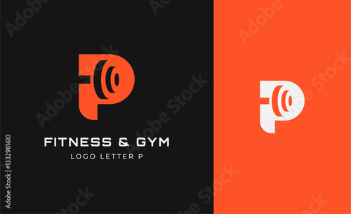 Logo Fitness letter P with Gym equipment concept. Dumbble, bumble, kettlebell concept. Fitness, health, body builder logo design template.