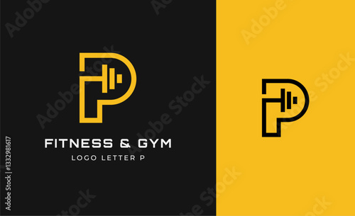 Logo Fitness letter P with Gym equipment concept. Dumbble, bumble, kettlebell concept. Fitness, health, body builder logo design template.