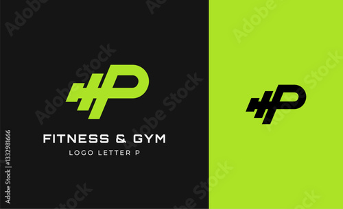 Logo Fitness letter P with Gym equipment concept. Dumbble, bumble, kettlebell concept. Fitness, health, body builder logo design template.