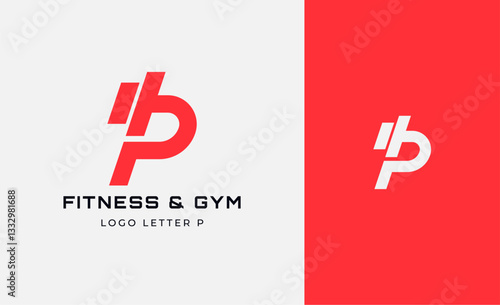 Logo Fitness letter P with Gym equipment concept. Dumbble, bumble, kettlebell concept. Fitness, health, body builder logo design template.