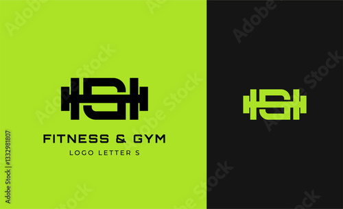 Logo Fitness letter S with Gym equipment concept. Dumbble, bumble, kettlebell concept. Fitness, health, body builder logo design template.