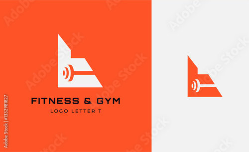 Logo Fitness letter T with Gym equipment concept. Dumbble, bumble, kettlebell concept. Fitness, health, body builder logo design template.