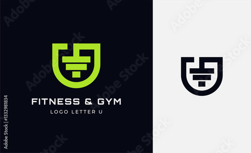 Logo Fitness letter U with Gym equipment concept. Dumbble, bumble, kettlebell concept. Fitness, health, body builder logo design template.