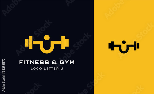 Logo Fitness letter U with Gym equipment concept. Dumbble, bumble, kettlebell concept. Fitness, health, body builder logo design template.