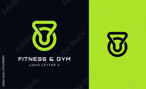 Logo Fitness letter U with Gym equipment concept. Dumbble, bumble, kettlebell concept. Fitness, health, body builder logo design template.