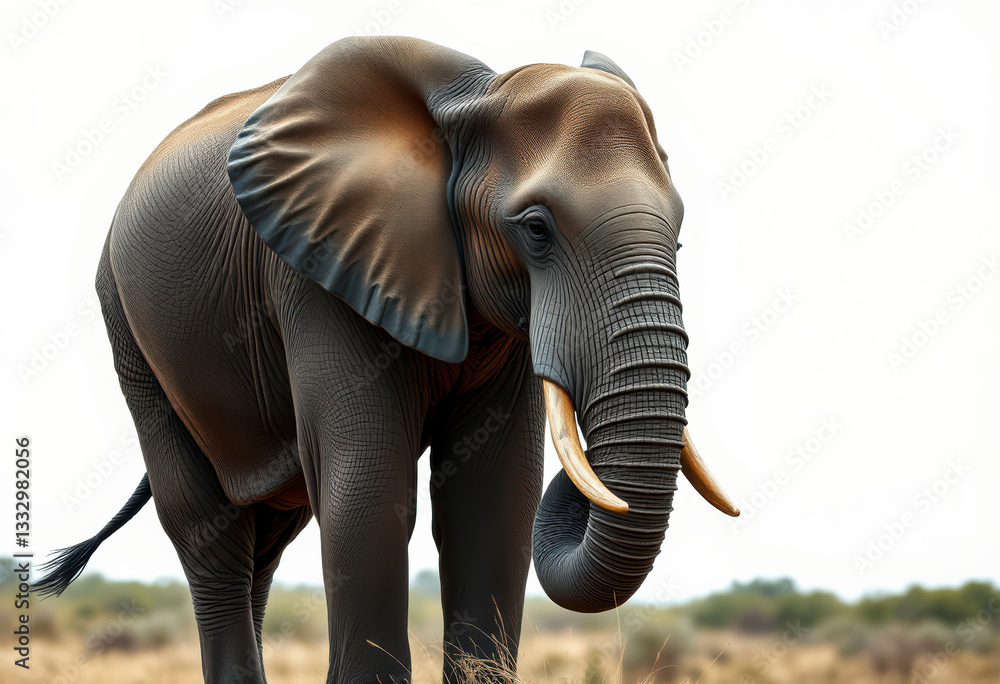 Fototapeta premium Majestic elephant stands gracefully on a smooth surface against a bright blue background, showcasing its beauty and strength.