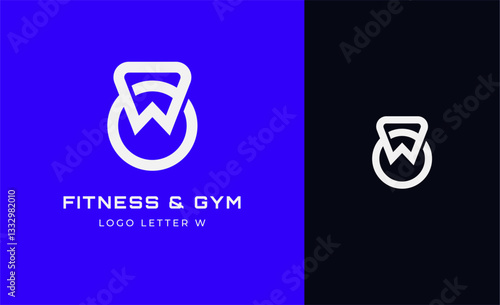 Logo Fitness letter W with Gym equipment concept. Dumbble, bumble, kettlebell concept. Fitness, health, body builder logo design template.