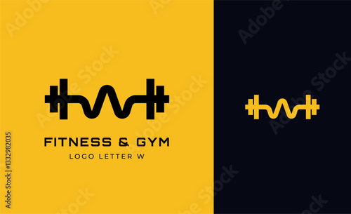 Logo Fitness letter W with Gym equipment concept. Dumbble, bumble, kettlebell concept. Fitness, health, body builder logo design template.