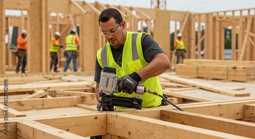 Carpenter Using Nail Gun During House Construction on the Construction Site
