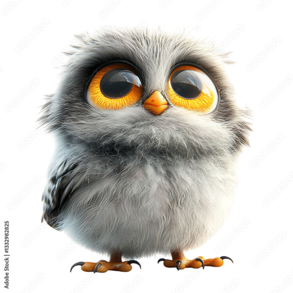 Fototapeta premium A Fluffy 3D Cartoon Owl Chick with Fuzzy Feathers Isolated on Transparent Background
