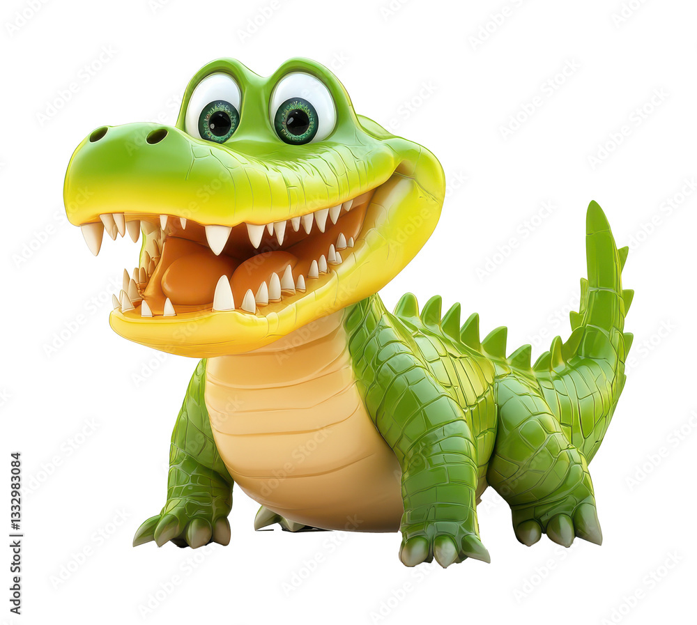 Fototapeta premium Green cartoon alligator open mouth. Cute reptile standing. Crocodile teeth visible. Transparent background. Isolated png image.