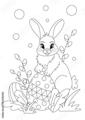 Easter coloring book page. Hare, bunny siting and holding ester egg. Leaves and flowers around it. 
