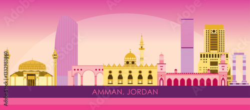 Sunset Skyline panorama of city of Amman, Jordan - vector illustration