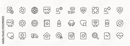 Healthcare and medical icons set featuring heart, shield, and cross symbols