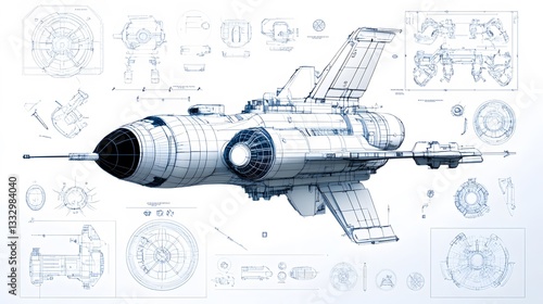 Fototapeta Naklejka Na Ścianę i Meble -  A futuristic spacecraft blueprint with detailed thrusters, cockpit schematics, and modular weapon systems.