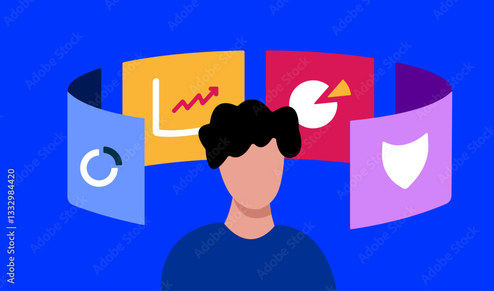 Fototapeta premium Person exploring analyzing multiple screens illustration