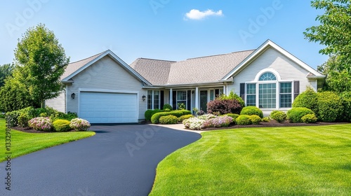 Beautiful suburban home with landscaped garden and driveway under clear blue sky