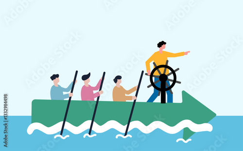 Team members rowing boat together following leaders vision while illustration