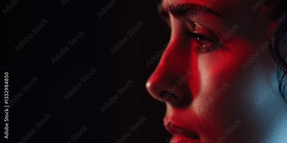 The striking profile of a woman illuminated with vibrant red lighting, conveying a sense of depth, emotion, and artistic expression through unique shadow play. The striking profile of a woman illuminated with vibrant red lighting, conveying a sense of depth, emotion, and artistic expression through unique shadow play.