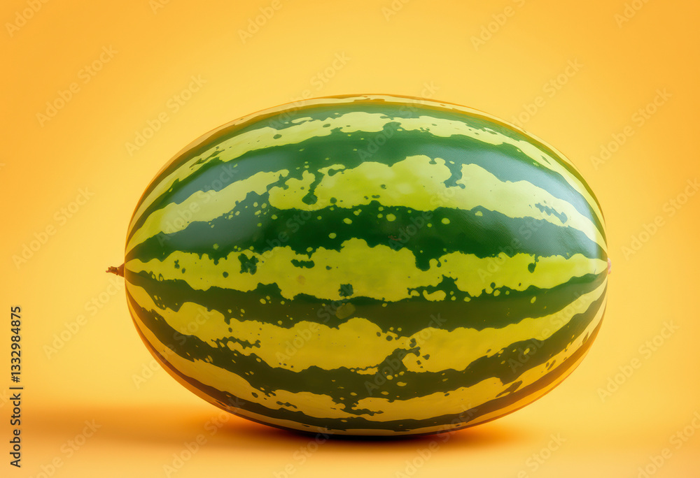 A vibrant watermelon stands on a pastel pink background, with a slice beside it, highlighting its juicy interior for summer.