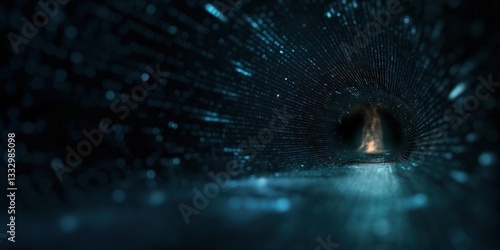 An abstract visualization of a digital tunnel filled with luminous particles, representing the concept of data flow and the interconnectedness of technology in a captivating manner.