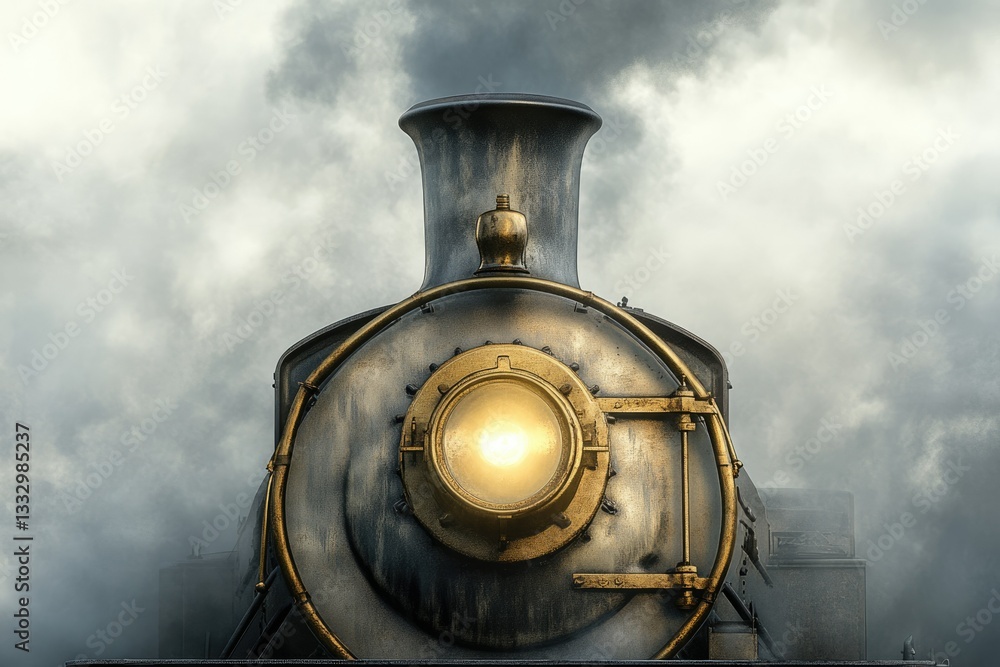 Naklejka premium A majestic steam locomotive, emitting smoke, its headlight glowing, evokes a sense of nostalgic adventure and powerful industrial heritage.