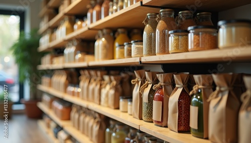 Wallpaper Mural Neatly arranged organic food in paper and glass packaging on wooden shelves Torontodigital.ca