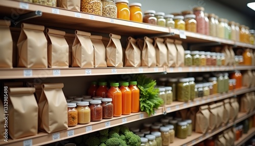 Wallpaper Mural Supermarket shelves with food in unbranded paper bags and glass jars Torontodigital.ca