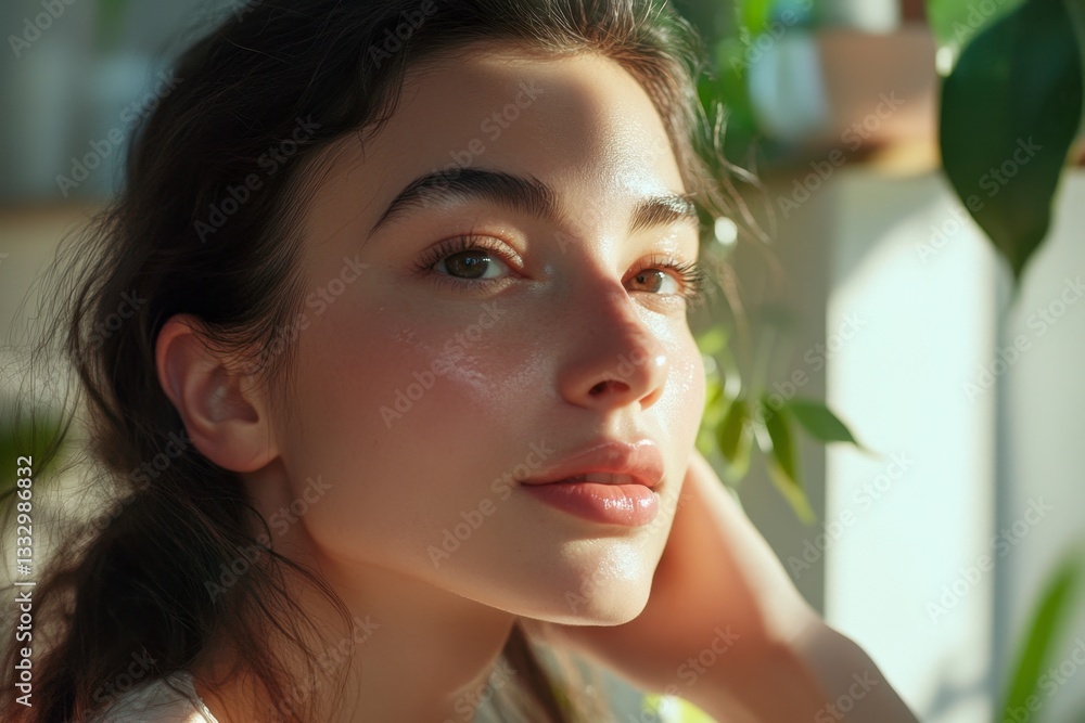 Young Hispanic Woman's Close-Up Portrait in Natural Sunlight; Soft Focus, Glowing Skin, Elegant Hair, Looking Away Young Hispanic Woman's Close-Up Portrait in Natural Sunlight; Soft Focus, Glowing Skin, Elegant Hair, Looking Away