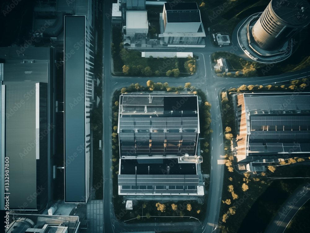 Fototapeta premium Aerial view on futuristic industrial zone with solar panels on rooftops of industrial buildings. Renewable energy concept. Green energy concept. Green energy for industrial business.