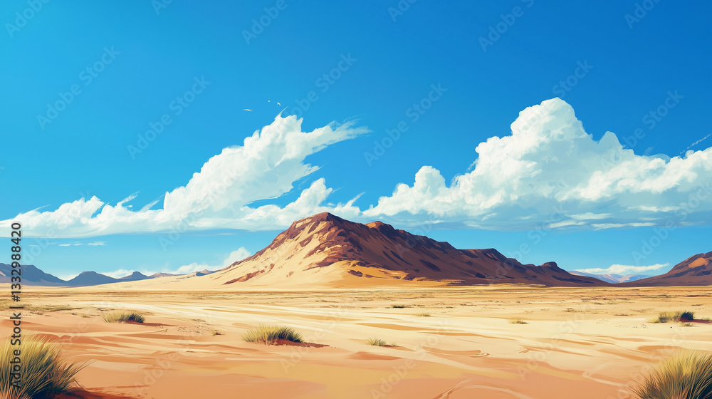 Expansive vast desert stretching endlessly under a bright blue sky, evoking solitude and boundless adventure Expansive vast desert stretching endlessly under a bright blue sky, evoking solitude and boundless adventure
