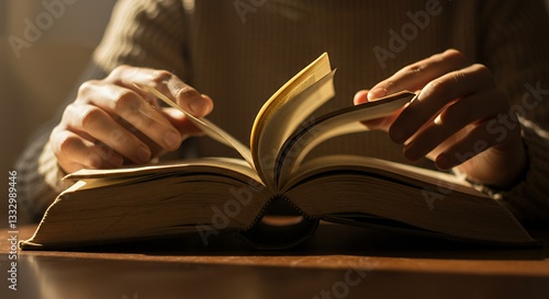 A close-up view of hands gently turning the pages of an aged book.