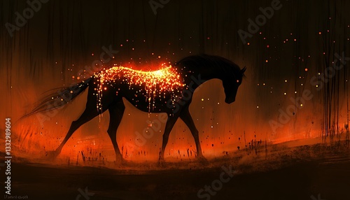 Fiery Horse Walks Forest Night.