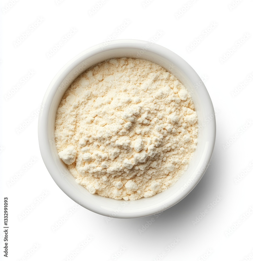 White bowl of flour, isolated on white background White bowl of flour, isolated on white background